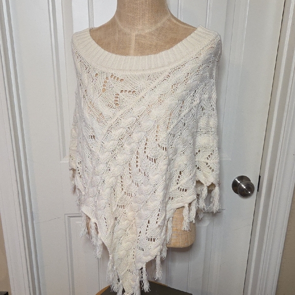 Mudd Sweaters - Cream Knitted Tassel Poncho Sweater